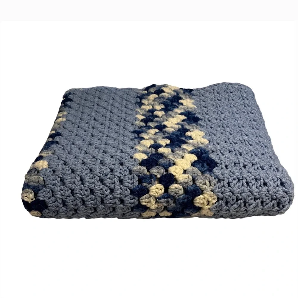 Handmade Crochet Throw Blanket Unisex‎ 48x39 Blue Striped Excellent Afghan